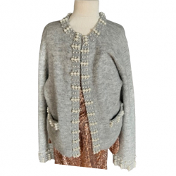 Maje Thick grey cardigan adorned with pearls , wool, cashmere , polyamide