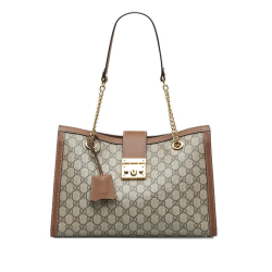 Gucci B Gucci Brown Beige Coated Canvas Fabric Medium GG Supreme Padlock Tote Bag Italy