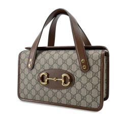 Gucci AB Gucci Brown Beige Coated Canvas Fabric Small GG Supreme Horsebit 1955 Top Handle Italy