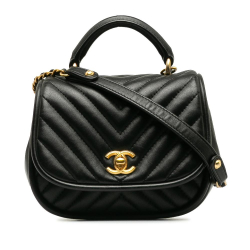 Chanel AB Chanel Black Lambskin Leather Leather Mini Reverse Quilted Chevron Lambskin Round Satchel Italy