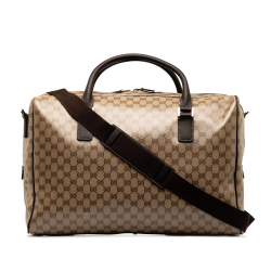 Gucci B Gucci Brown Beige Coated Canvas Fabric GG Crystal Duffle Bag Italy
