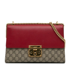 Gucci B Gucci Brown Beige with Red Coated Canvas Fabric Medium GG Supreme Padlock Shoulder Bag Italy
