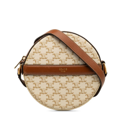 Celine B Celine White Coated Canvas Fabric Triomphe Round Purse on Strap Italy