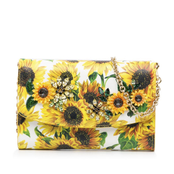 Dolce & Gabbana B Dolce & Gabbana Yellow with Multi Calf Leather Sunflower Printed Wallet on Chain Italy