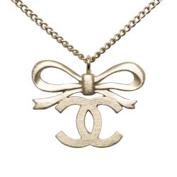 Chanel AB Chanel Silver Brass Metal CC Ribbon Pendant Necklace France