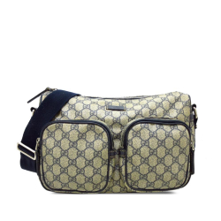 Gucci B Gucci Brown Beige Coated Canvas Fabric GG Supreme Double Pocket Crossbody Italy
