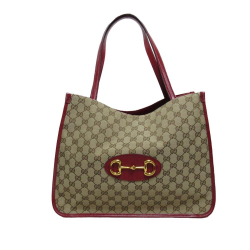 Gucci AB Gucci Brown Beige with Red Canvas Fabric GG Horsebit 1955 Tote Italy