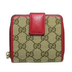 Gucci B Gucci Brown Beige with Red Canvas Fabric GG Bi-Fold Small Wallet Italy