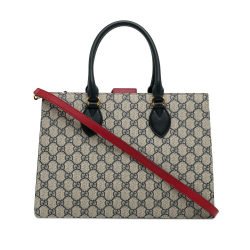 Gucci B Gucci Brown Beige with Black Coated Canvas Fabric Medium GG Supreme Convertible Tote Italy
