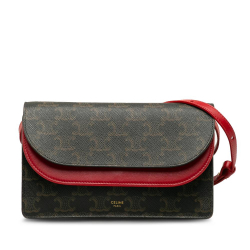Celine B Celine Brown Dark Brown with Red Coated Canvas Fabric Triomphe Wallet On Strap Italy