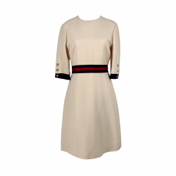 Gucci dress in cream wool and silk with blue and red waist stripe