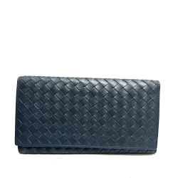 Bottega Veneta AB Bottega Veneta Blue Navy Calf Leather Intrecciato Bifold Long Wallet Spain