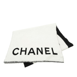 Chanel B Chanel White with Black Wool Fabric Logo Cashmere Scarf Italy