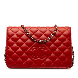 Chanel AB Chanel Red Lambskin Leather Leather Diamond CC Lambskin Wallet on Chain Italy