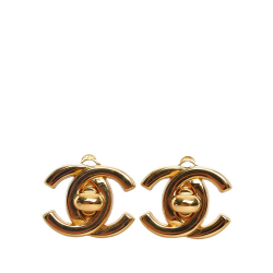 Chanel B Chanel Gold Brass Metal CC Turn Lock Clip-On Earrings France