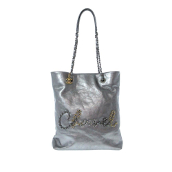 Chanel AB Chanel Silver Calf Leather Written In Chain Metallic Tote Italy