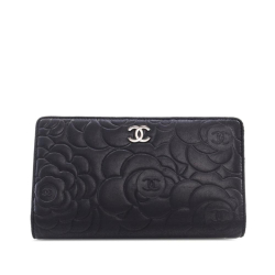 Chanel B Chanel Black Lambskin Leather Leather CC Camellia Bifold Wallet Italy