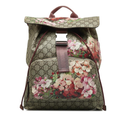Gucci AB Gucci Brown Beige Coated Canvas Fabric GG Supreme Blooms Single Buckle Backpack Italy
