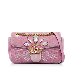 Gucci B Gucci Pink Velvet Fabric GG Marmont Matelasse Crystal-Embellished Crossbody Italy