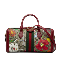 Gucci AB Gucci Red with Multi Coated Canvas Fabric GG Supreme Ophidia Web Flora Satchel Italy