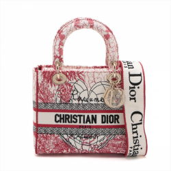 Christian Dior Lady D-Lite Medium Embroidery Canvas 2-Ways Tote Bag White
