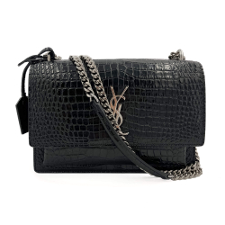 Saint Laurent Sunset Crocodile-Embossed Leather Flap Bag Black