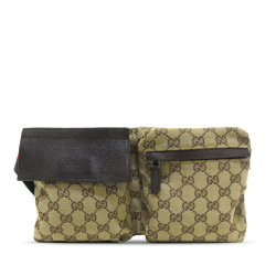 Gucci B Gucci Brown Beige Canvas Fabric GG Web Double Pocket Belt Bag Italy