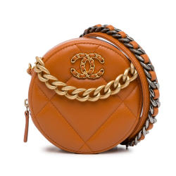 Chanel AB Chanel Brown Lambskin Leather Leather Lambskin 19 Round Clutch with Chain Italy