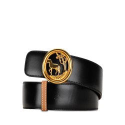 Hermès AB Hermès Black with Gold Calf Leather Horse Tree Emblem Belt France