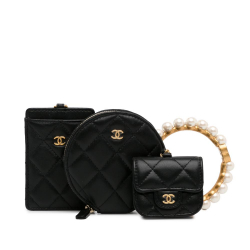 Chanel AB Chanel Black Lambskin Leather Leather Pearl Crown CC Wristlet Multi Pouches Italy