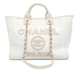 Chanel AB Chanel White Canvas Fabric Medium Square Stitch Deauville Shopping Tote Italy