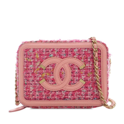 Chanel AB Chanel Pink Tweed Fabric CC Filigree Vanity Clutch with Chain Italy