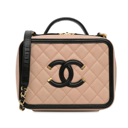Chanel AB Chanel Brown Beige with Black Caviar Leather Leather Medium Caviar CC Filigree Vanity Case Italy