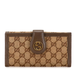 Gucci B Gucci Brown Beige Canvas Fabric Studded Interlocking GG Bifold Wallet Italy