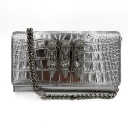 Philipp Plein Flap Clutch Small Calf Leather Leather 2-Ways Croco Print Silver