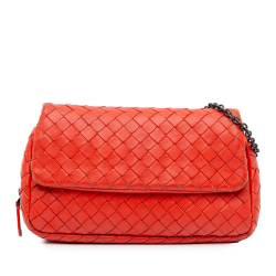 Bottega Veneta B Bottega Veneta Red Calf Leather Intrecciato Chain Flap Crossbody Italy