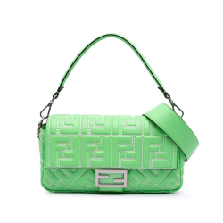 Fendi B Fendi Green Calf Leather Medium Embossed FF Baguette Satchel Italy