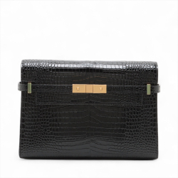 Saint Laurent Paris Manhattan Leather Crocodile-Embossed Flap Clutch Black