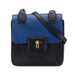 Prada B Prada Black with Blue Saffiano Leather Bicolor Cuir Flap Crossbody Italy