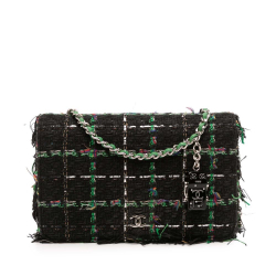 Chanel B Chanel Black with Green Lime Tweed Fabric CC Quilted Boucle Robot Charm Wallet On Chain Italy