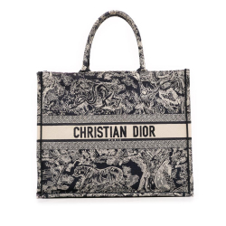Christian Dior B Dior Blue Navy Canvas Fabric Large Toile de Jouy Reverse Embroidered Book Tote Italy