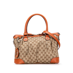 Gucci B Gucci Brown Beige with Orange Canvas Fabric GG Sukey Satchel Italy