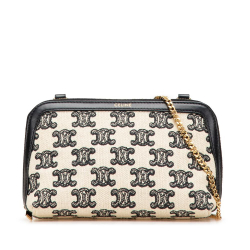 Celine B Celine Brown Light Beige with Black Canvas Fabric Triomphe Emroidered Clutch On Chain Italy