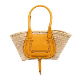 Chloé B Chloé Brown Beige with Yellow Mustard Raffia Natural Material Medium Marcie Basket Tote Spain