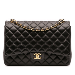 Chanel Classic Double Flap Maxi Lambskin Leather Chevron Shoulder Bag Black