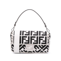 Fendi B Fendi White with Black Canvas Fabric Zucca Embroidered Baguette Satchel Italy