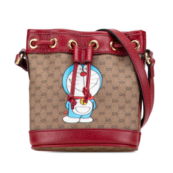Gucci B Gucci Brown Beige Coated Canvas Fabric Micro GG Supreme Doraemon Bucket Bag Italy