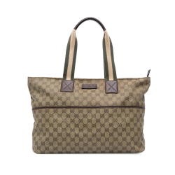 Gucci B Gucci Brown Beige Canvas Fabric GG Web Tote Italy