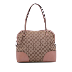 Gucci B Gucci Brown Beige with Pink Canvas Fabric Medium GG Bree Dome Tote Italy