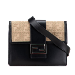 Fendi B Fendi Black with Brown Beige Calf Leather skin and Canvas FF 1974 Flat Baguette Crossbody Italy